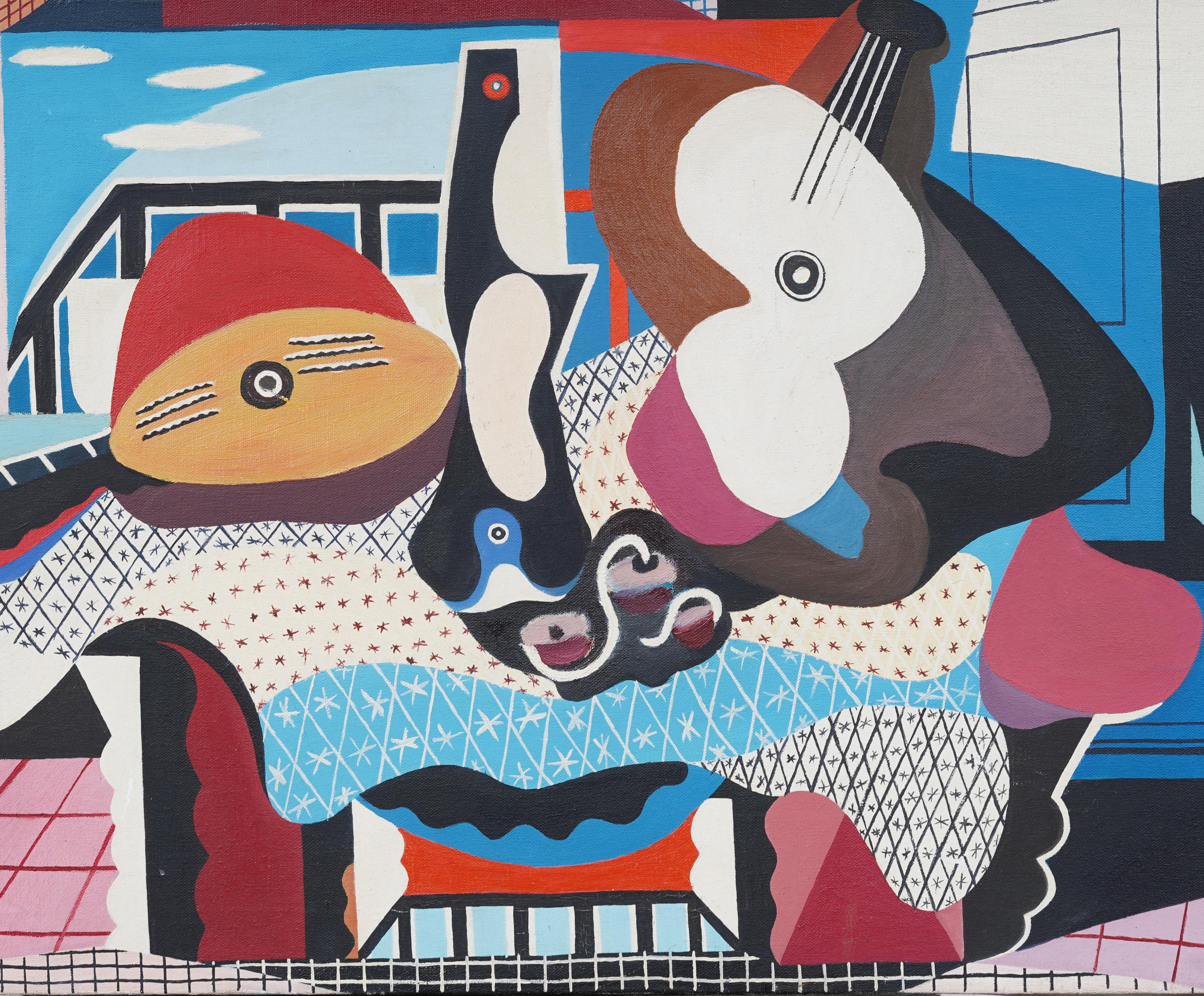 Vintage Cubist Abstract Guitar Still Life Oil Painting For Sale 3