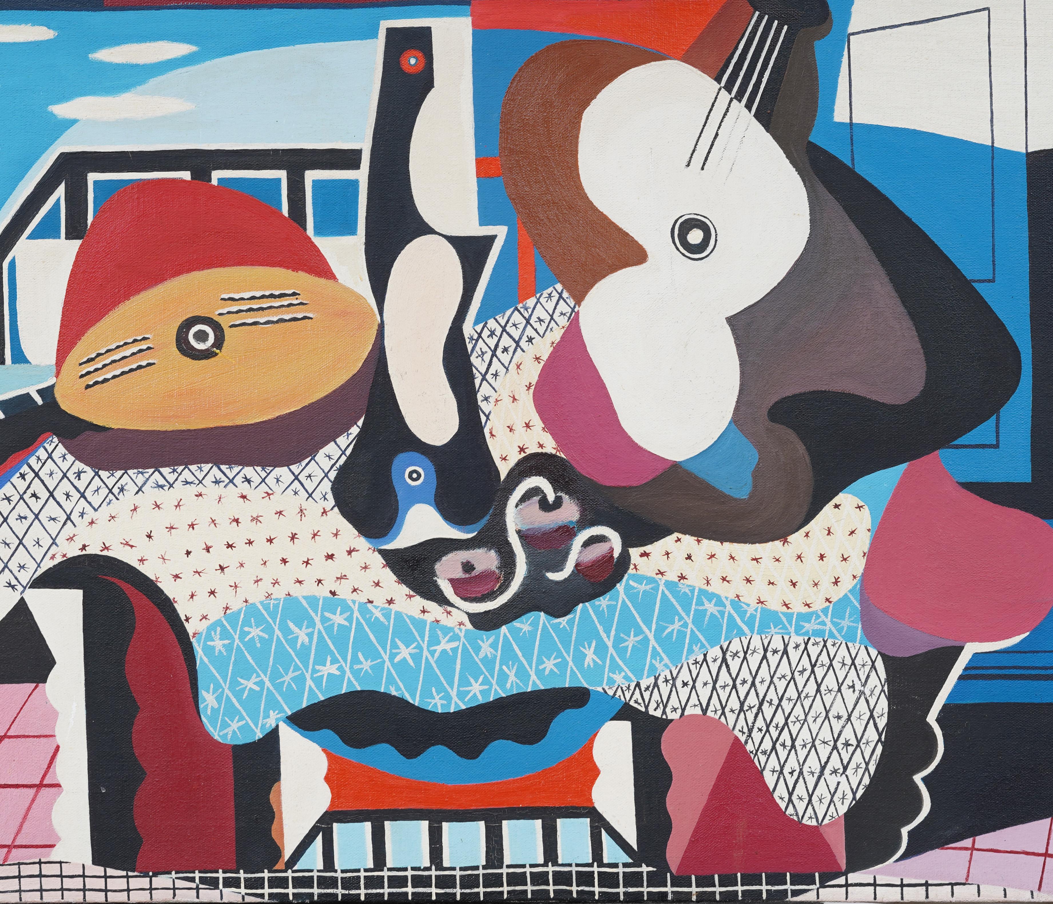 Vintage Cubist Abstract Guitar Still Life Oil Painting For Sale 4