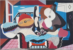 Vintage Cubist Abstract Guitar Still Life Oil Painting