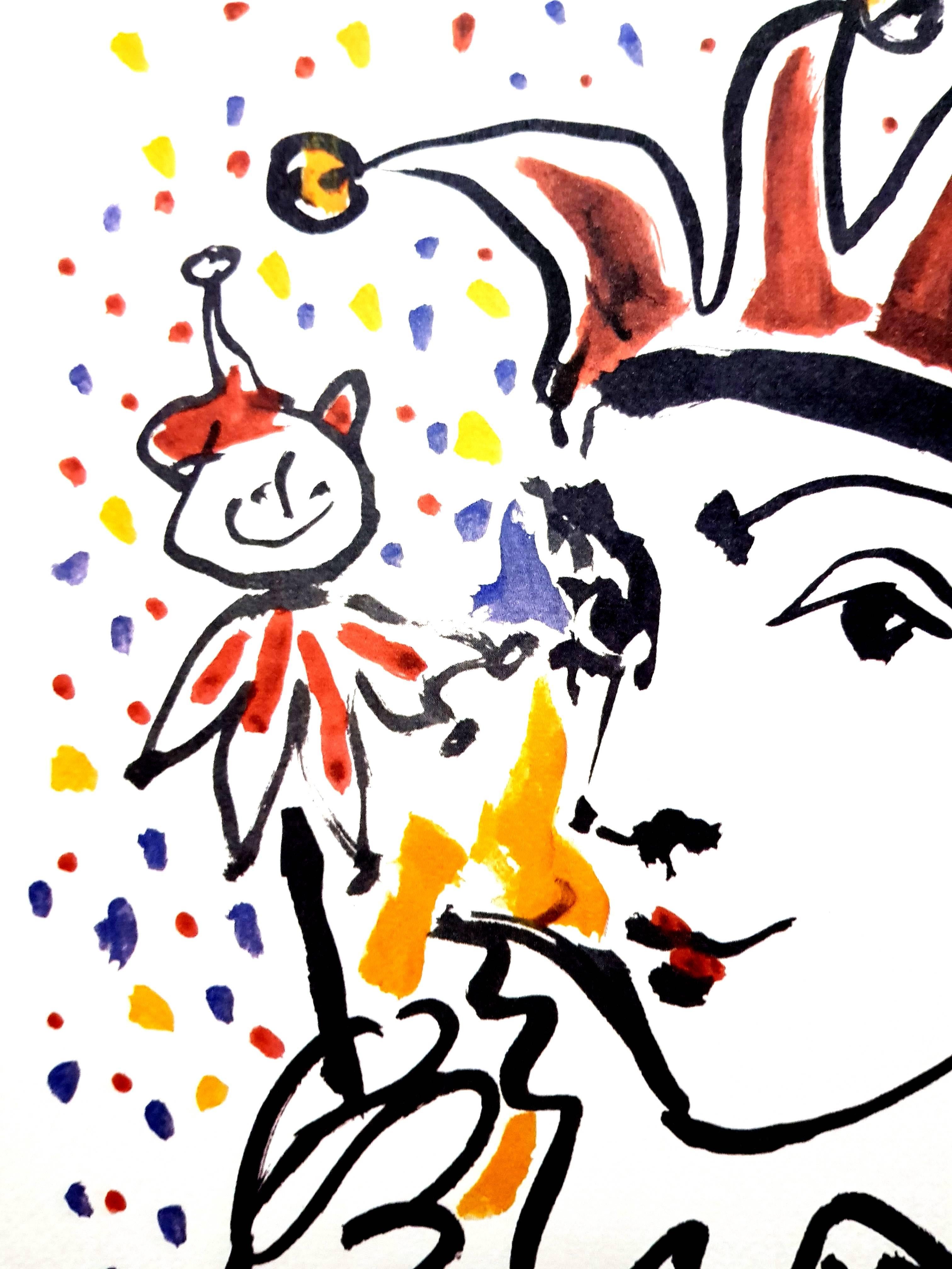 Nach PABLO PICASSO (1881-1973)
Carnaval
Abmessungen: 50 x 40 cm
Signiert und datiert in der Platte
Farblithographie auf Velin D'Arches nach einer Zeichnung
Edition Succession Picasso, Paris (posthume Reproduktionsausgabe)
Ausgaben von Paix