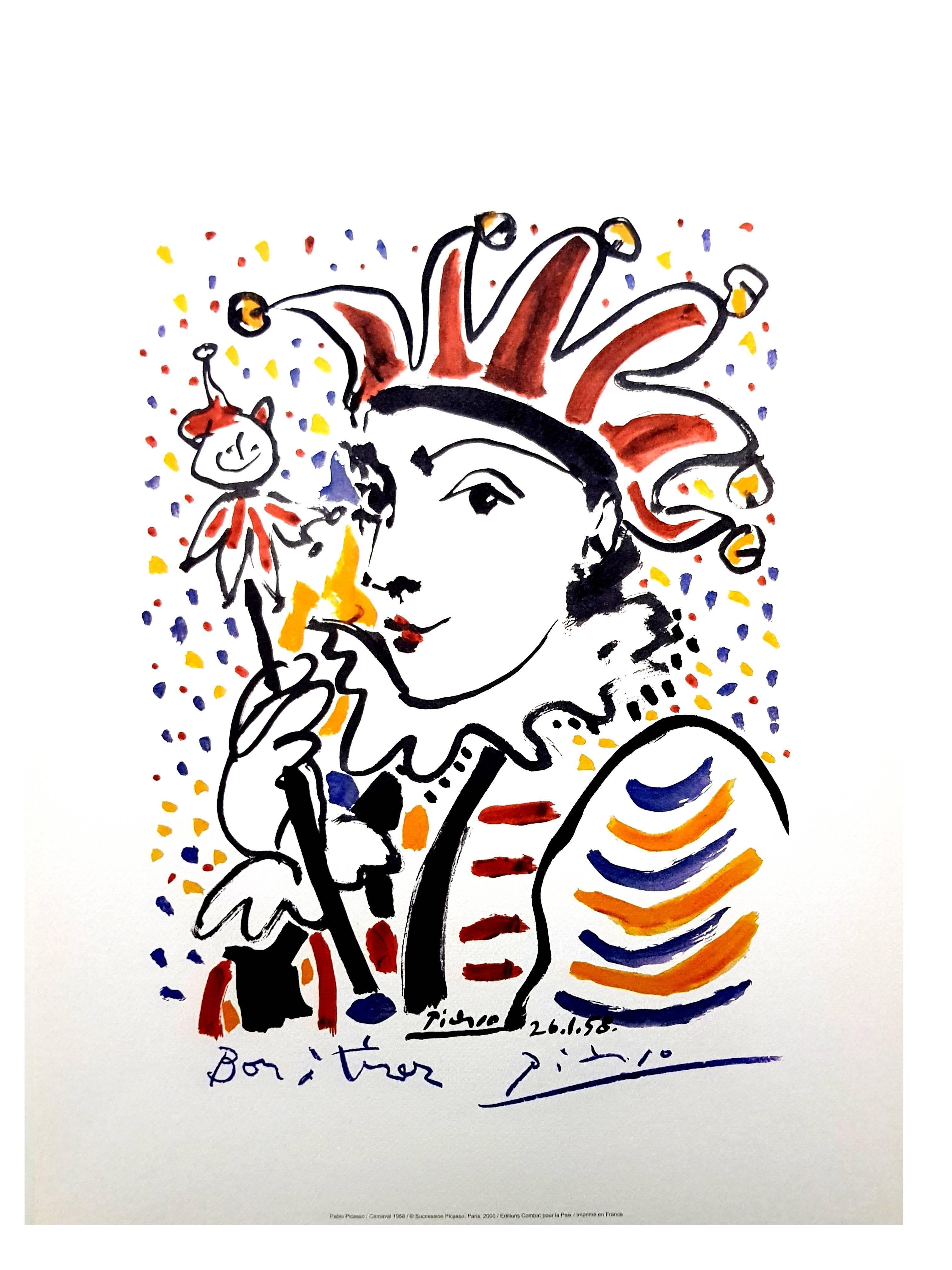 After PABLO PICASSO (1881-1973)
Carnaval
Dimensions: 50 x 40 cm
Signed and dated in the plate
Color lithograph on Velin D'Arches realized from a drawing
Edition Succession Picasso, Paris (posthumous reproductive edition)
Editions de la Paix

Picasso