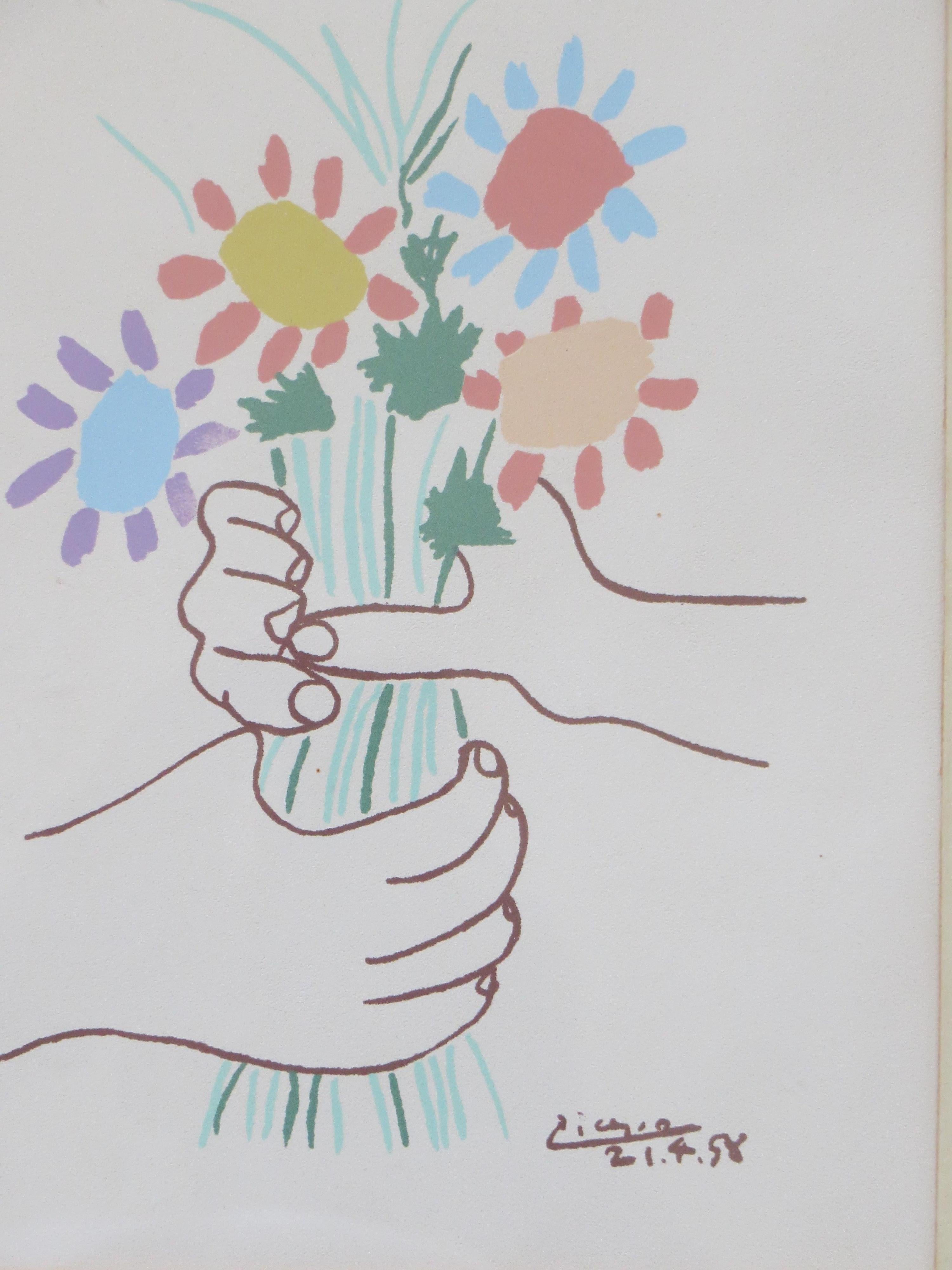 Pablo Picasso Lithograph Hand with Flowers 1958 Arches Paper Framed
Signed and dated in the plate
Color lithograph on Velin D'Arches realized from a drawing
