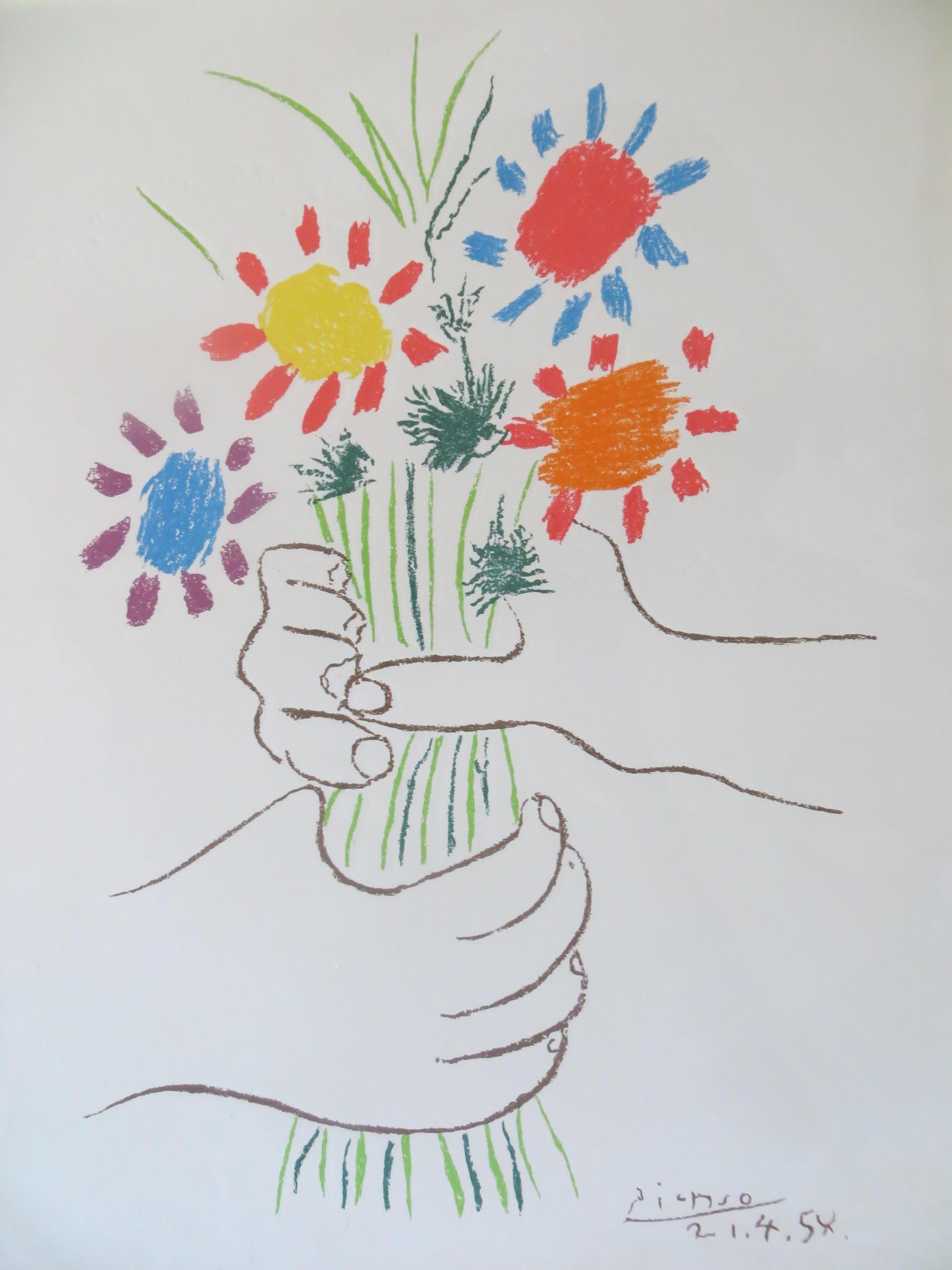 Pablo Picasso Lithograph Hand with Flowers 1958 Arches Paper Framed
Signed and dated in the plate
Color lithograph on Velin D'Arches realized from a drawing
Edition Succession Picasso, Paris.
Editions de la Paix