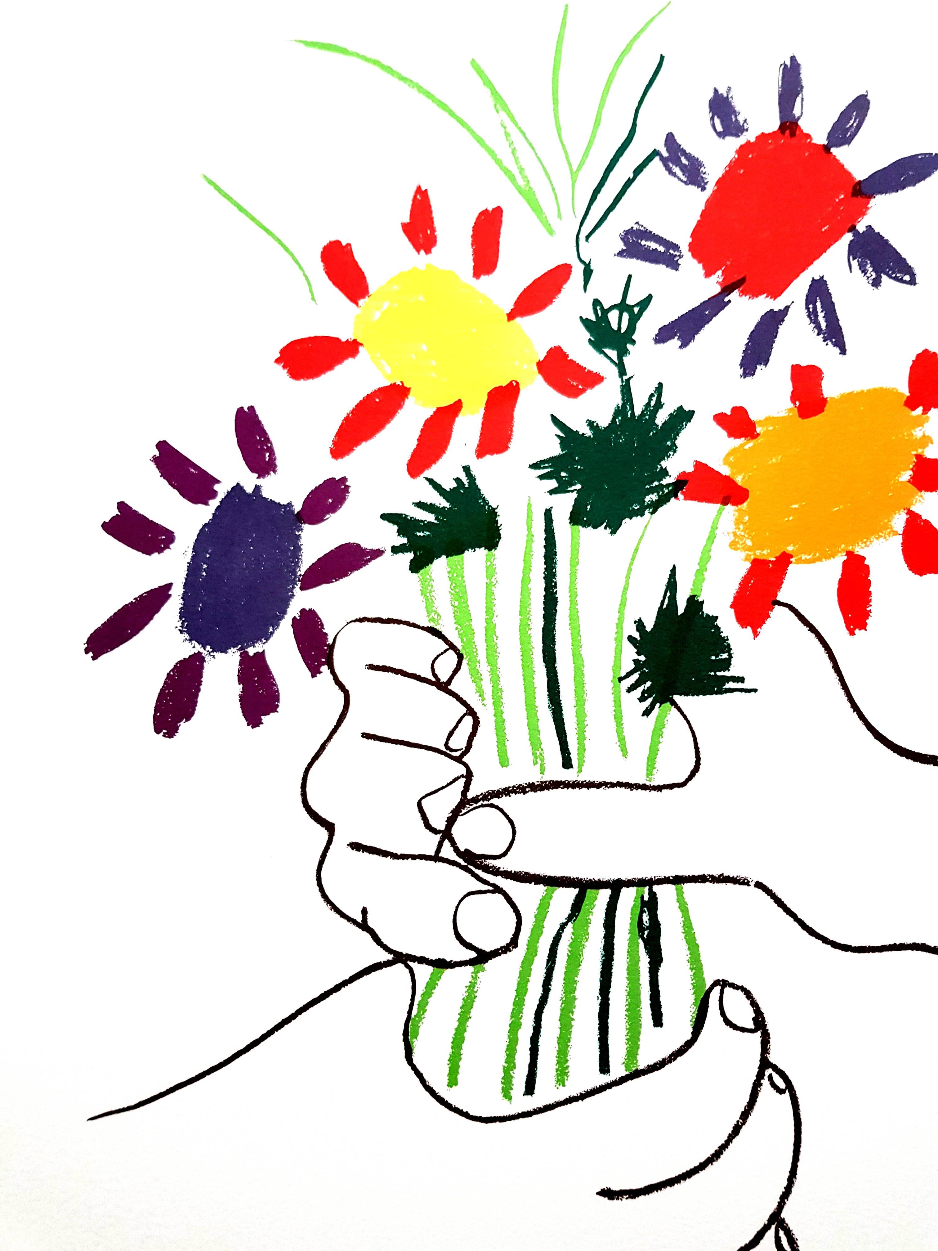 Nach Pablo Picasso – Bunte Blumen – Lithographie (Weiß), Still-Life Print, von (after) Pablo Picasso