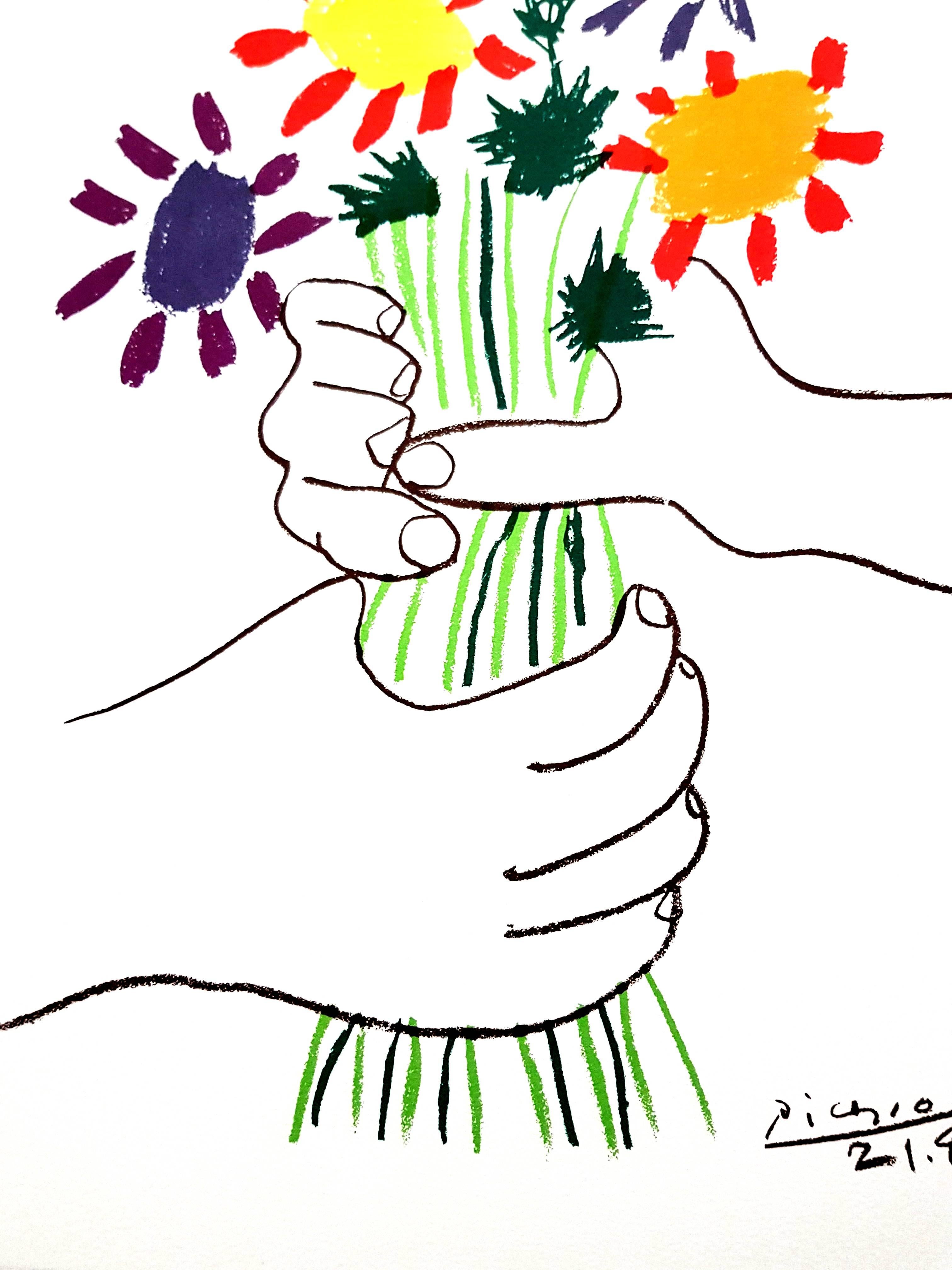 D'après Pablo Picasso - Fleurs colorées - Lithographie - Blanc Still-Life Print par (after) Pablo Picasso