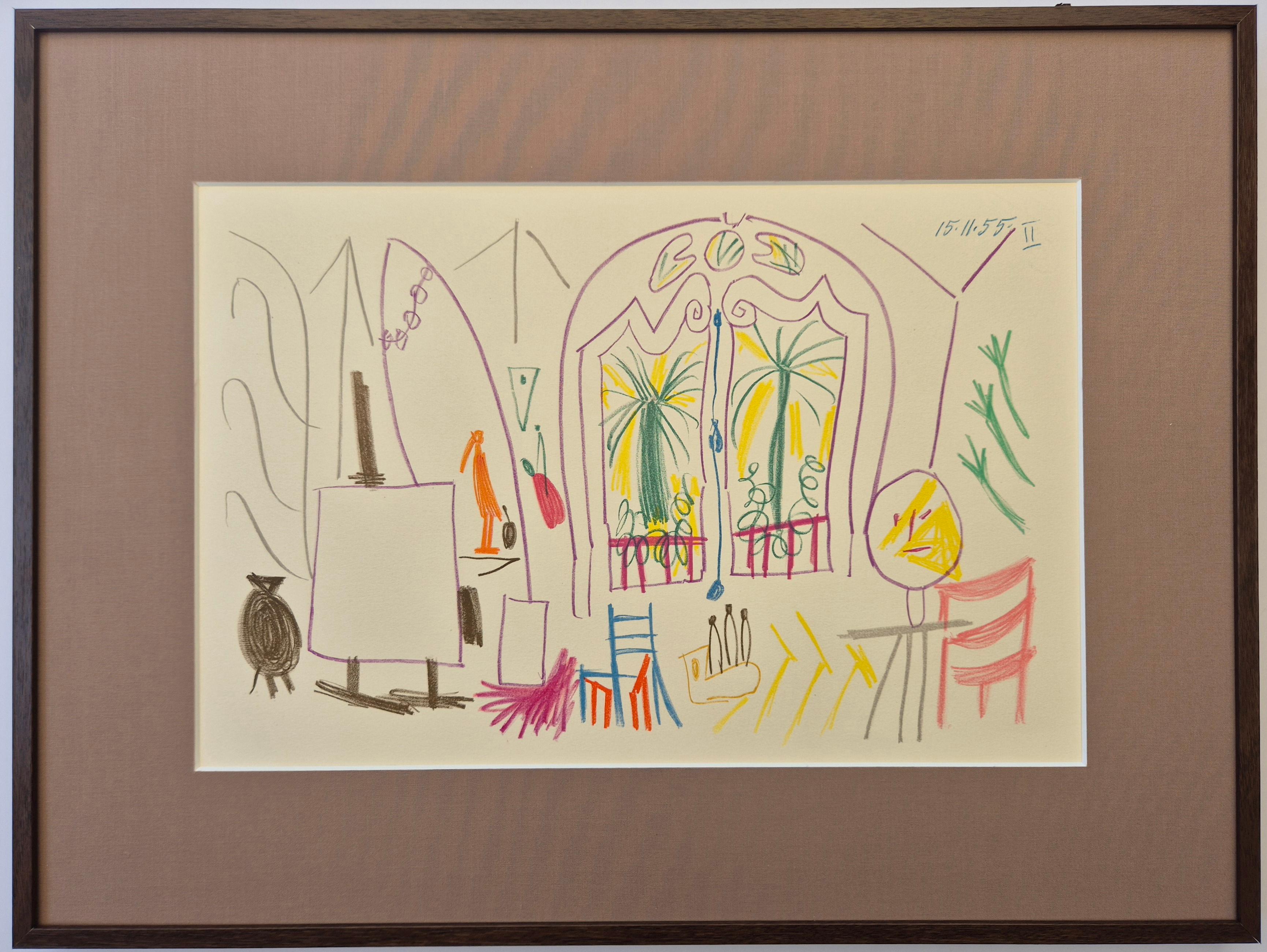 (after) Pablo Picasso 
Picassos Workshop (Carnet de la Californie Suite)
from Edition Cercle D'Art France, 1960
Original Limited Edition Collotype on Arches paper
Unsigned
One of Edition 1500, unnumbered
Printed by Imprimerie Duval
Published by
