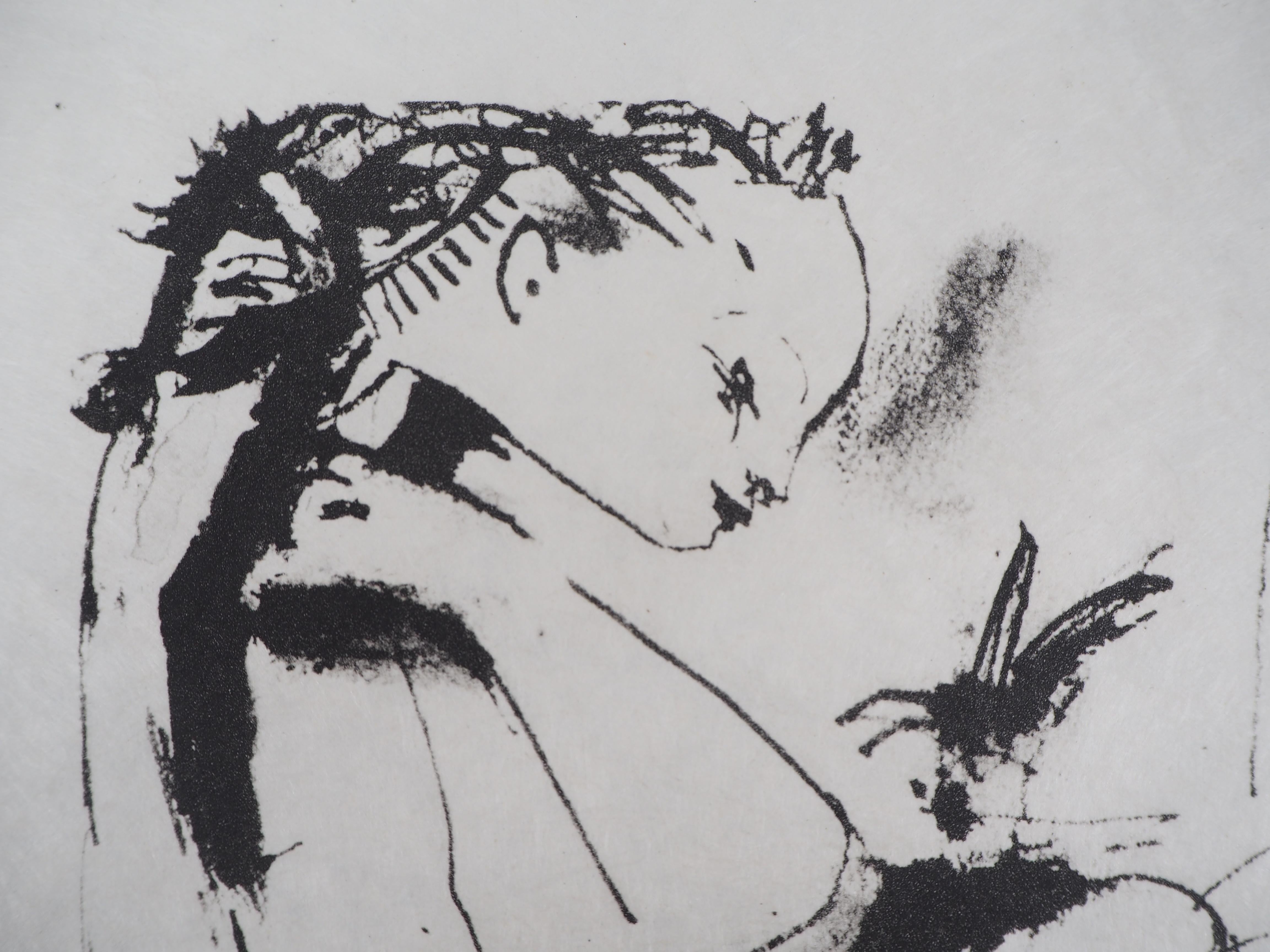 Pablo PICASSO (après)
Ange offrant un cadeau, 1974

Lithographie
Non signé
Sur papier Japon 38.5 x 28.5 cm (c. 15.2 x 11.2 inches)

INFORMATION : Lithographie d'après des dessins de Pablo Picasso, illustrant le portfolio 'Le Soleil ébloui', composé