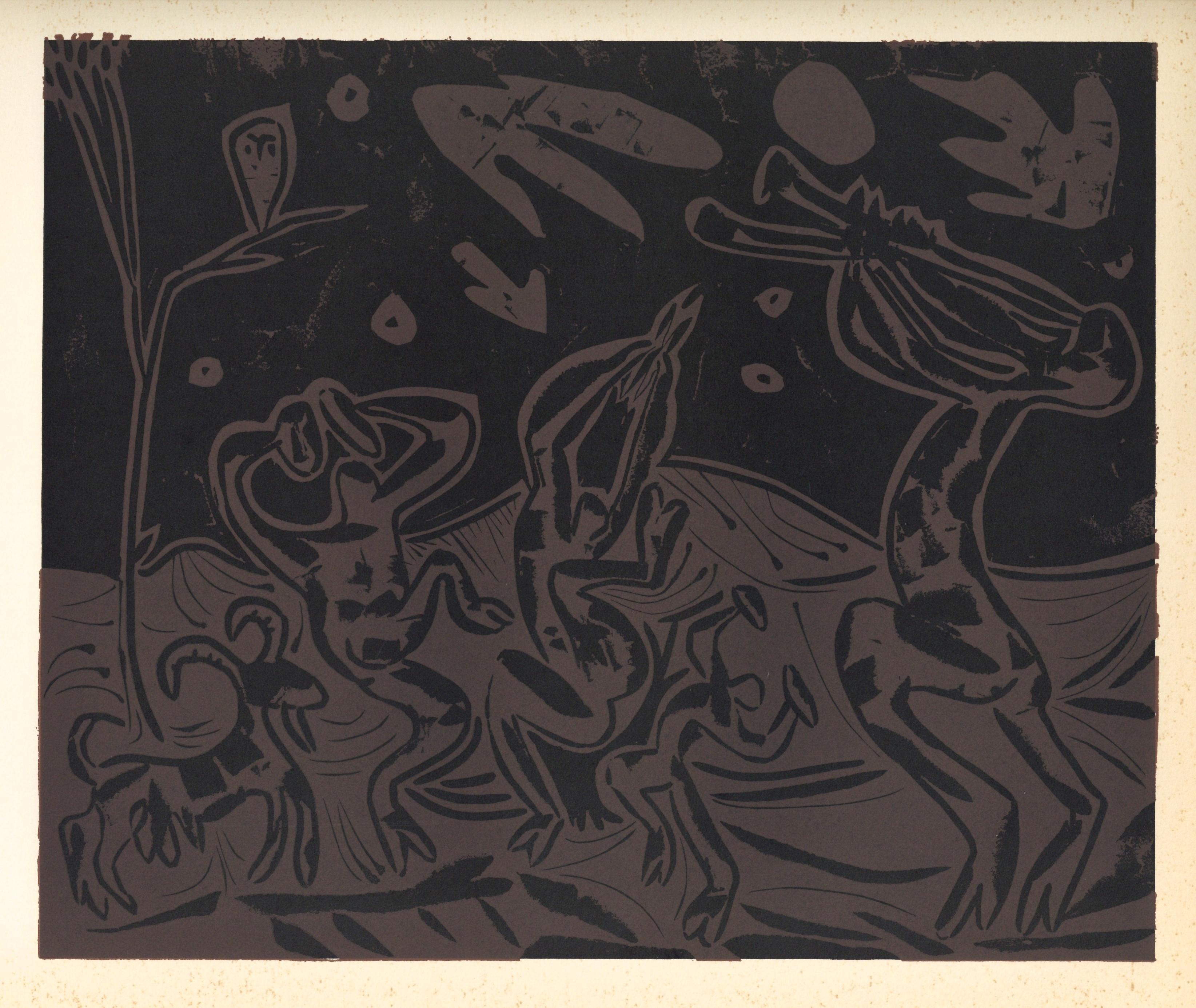 „Bacchanal mit Ziege und Eule“ Linolschnitt – Print von (after) Pablo Picasso