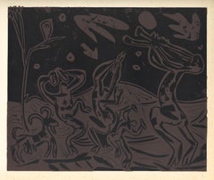 "Bacchanal with Goat and Owl" linocut