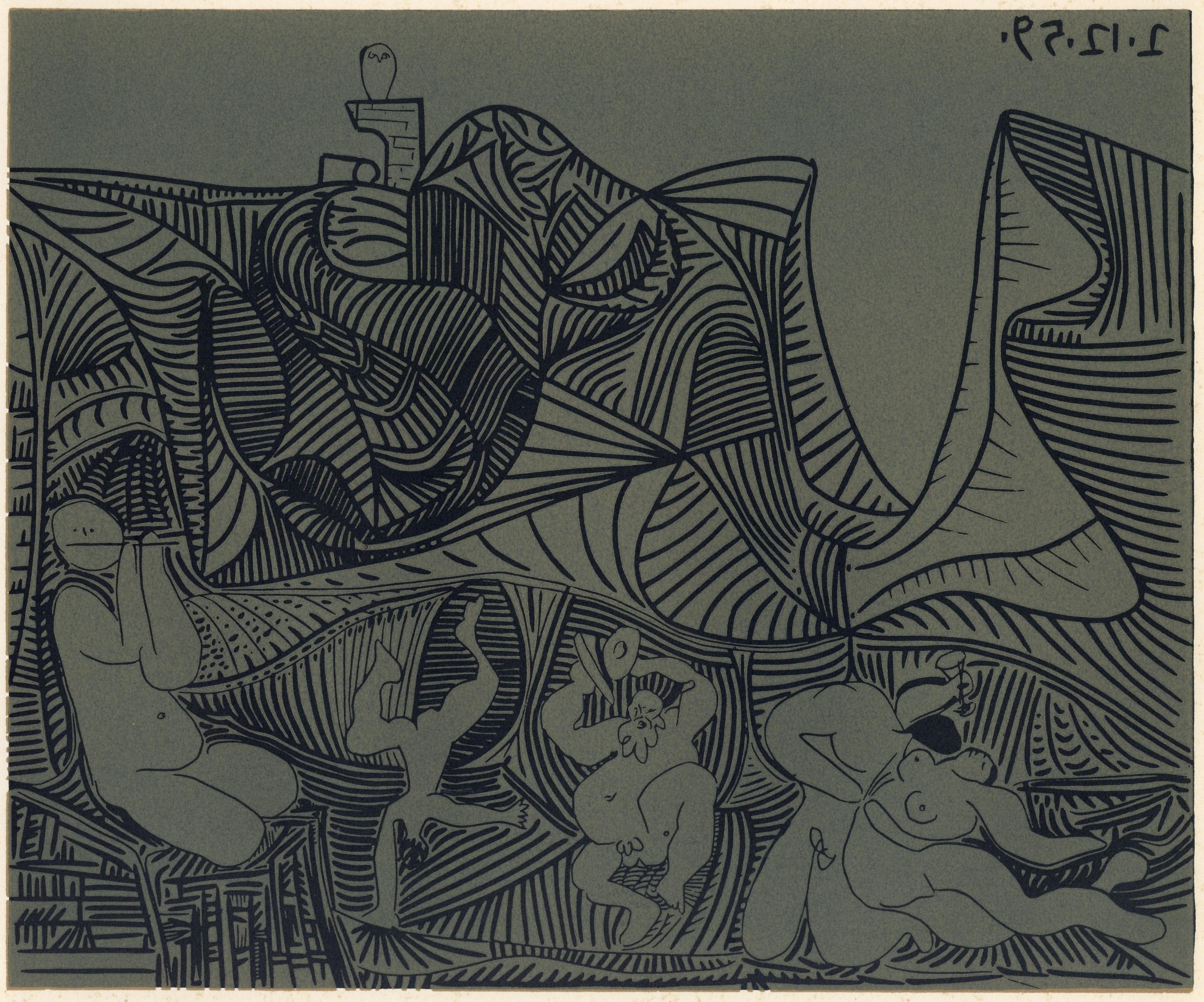 „Bacchanal mit Paar Liebhabern und Eule“ Linolschnitt – Print von (after) Pablo Picasso