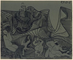 "Bacchanal with Pair of Lovers and Owl" linocut