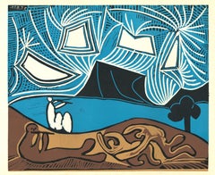 Bacchanale sur le lac - Linogravure originale d'après Pablo Picasso - 1962