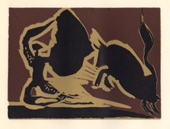 "Bull Charging a Capa" linocut