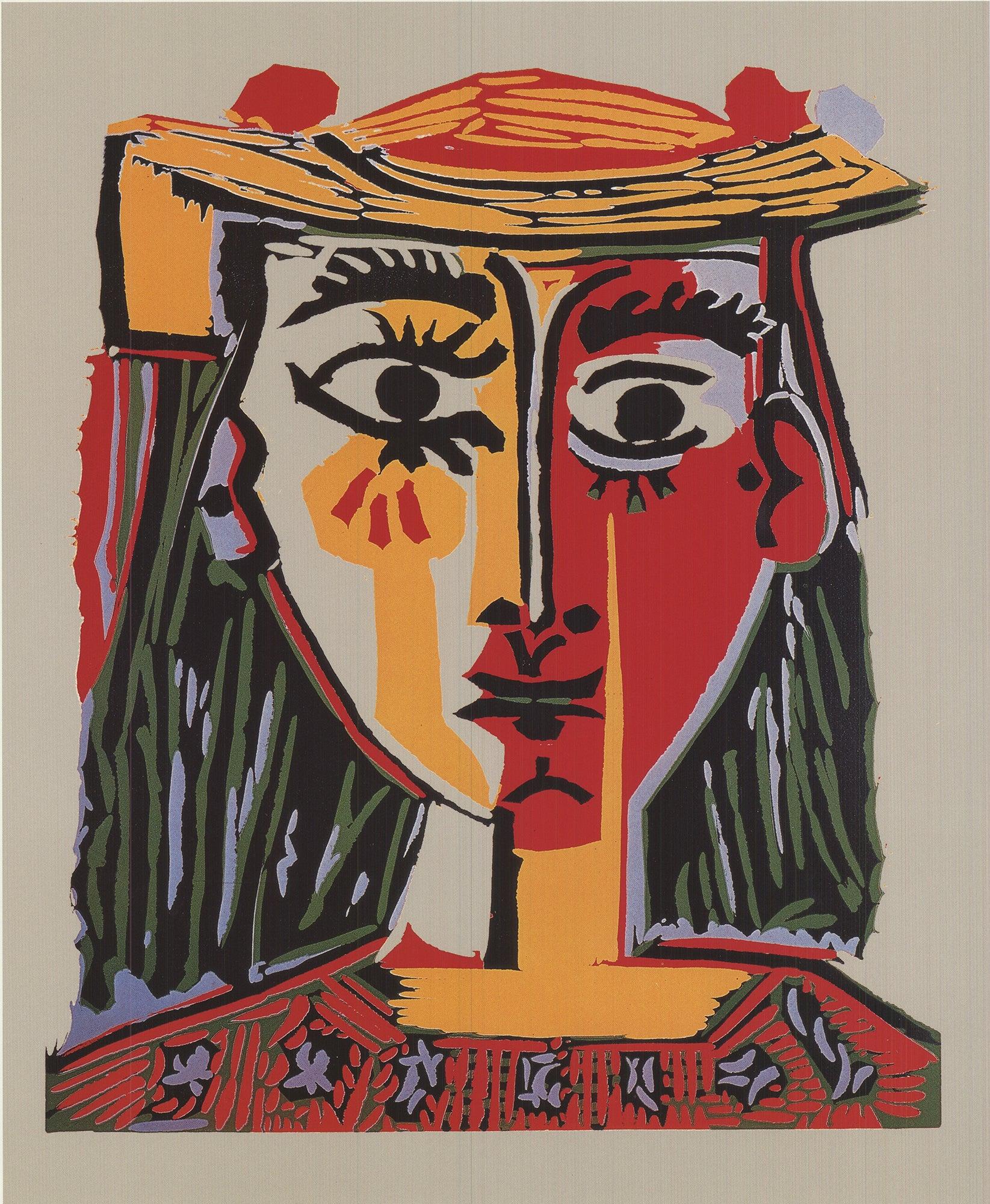 Bust einer Frau mit Hut (Beige), Portrait Print, von (after) Pablo Picasso