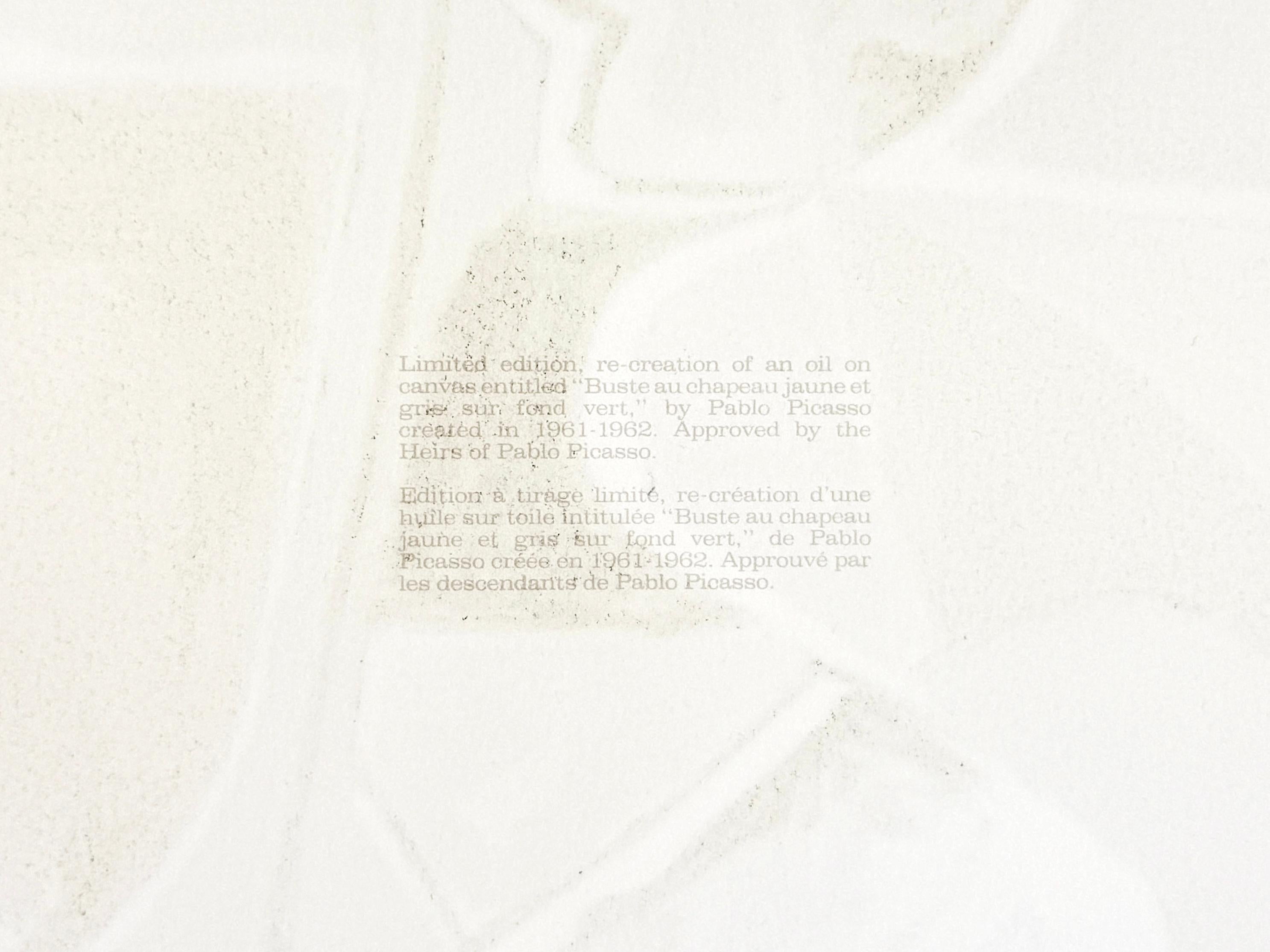 Ausgewählt aus der persönlichen Sammlung von Marina Picasso, der Enkelin von Pablo Picasso.   Nach dem Tod von Pablo Picasso autorisierte seine Enkelin Marina den Druck dieser Original-Lithographien, die als Picasso Estate Collection bekannt