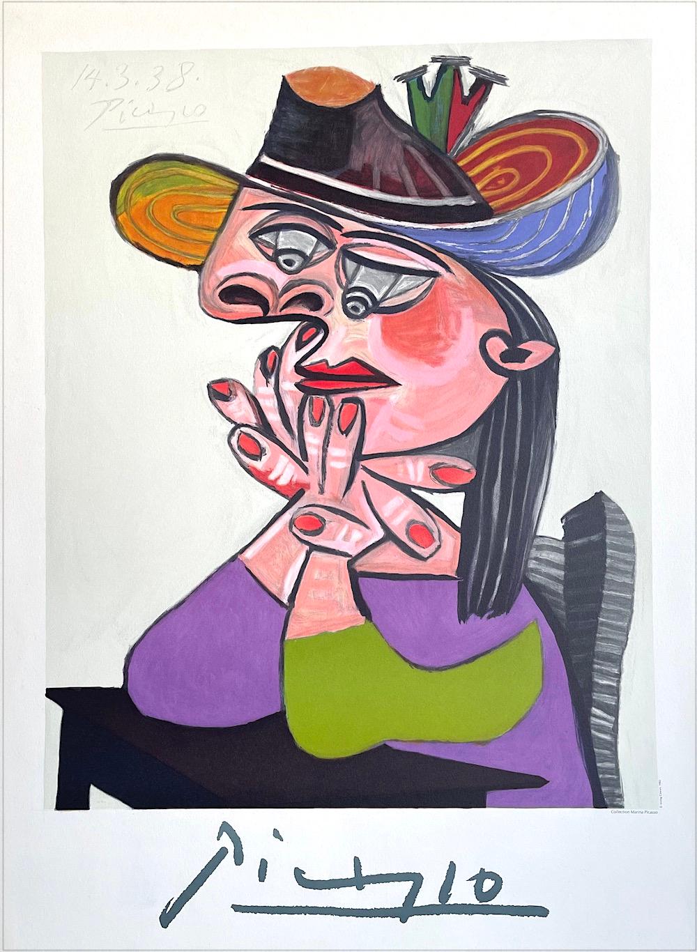 BUSTE DE FEMME ASSISE Lithograph, Woman In A Stylish Hat , Pink Face, Red Nails