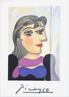 Vintage BUSTE DE FEMME AU FOULARD MAUVE Lithograph, Abstract Female Portrait, Dora Maar