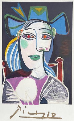 BUSTE DE FEMME CHAPEAU BLEU Lithograph, Seated Woman Blue Hat Green Lips