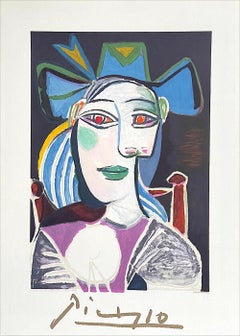 BUSTE DE FEMME CHAPEAU BLEU Lithograph, Seated Woman Blue Hat Green Lips