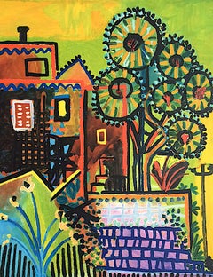 COMPOSITION DE JARDIN Lithograph, Abstract Cottage Garden, Yellow, Lime Green