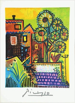 Vintage COMPOSITION DE JARDIN Lithograph, Abstract Cottage Garden, Yellow, Lime Green