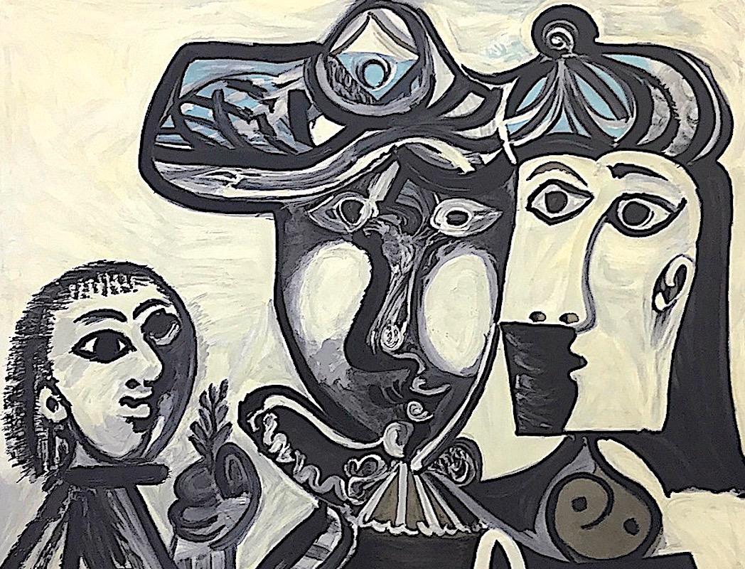Couple et Enfant au Rameau d'Olivier, Lithographie, Portrait de famille abstrait, Chapeaux - Abstrait Print par (after) Pablo Picasso