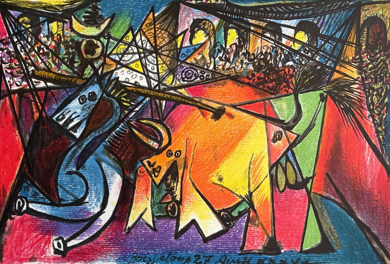 COURSE DE TAUREAUX Lithograph, Abstract Drawing Bullfight Scene ...