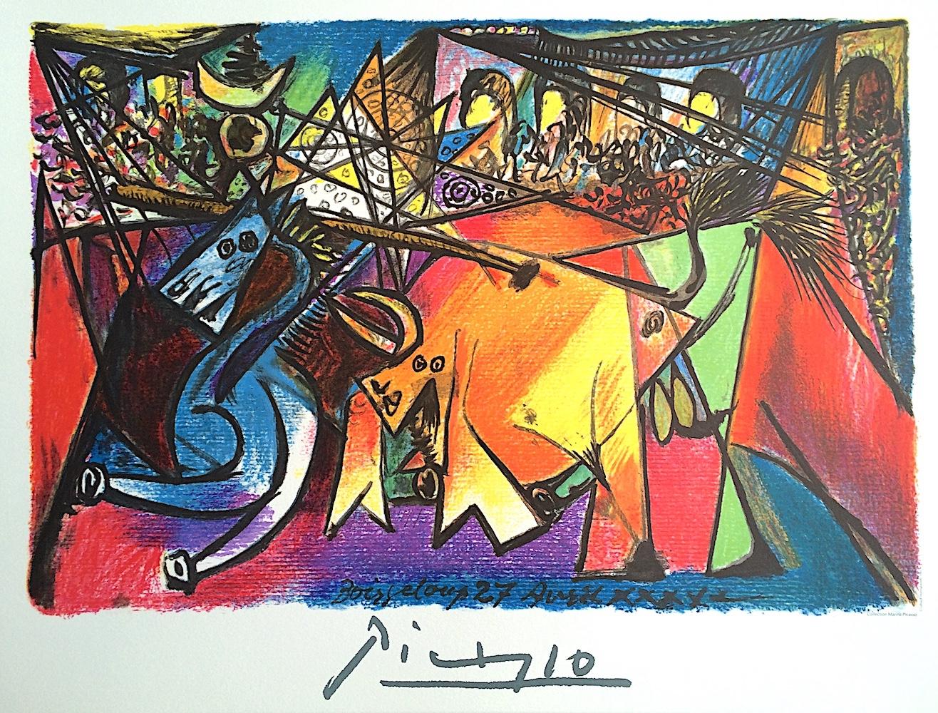 Lithographie COURSE DE TAUREAUX, dessin abstrait d'une scène de chasse à la taureau, couleurs arc-en-ciel  - Abstrait Print par (after) Pablo Picasso