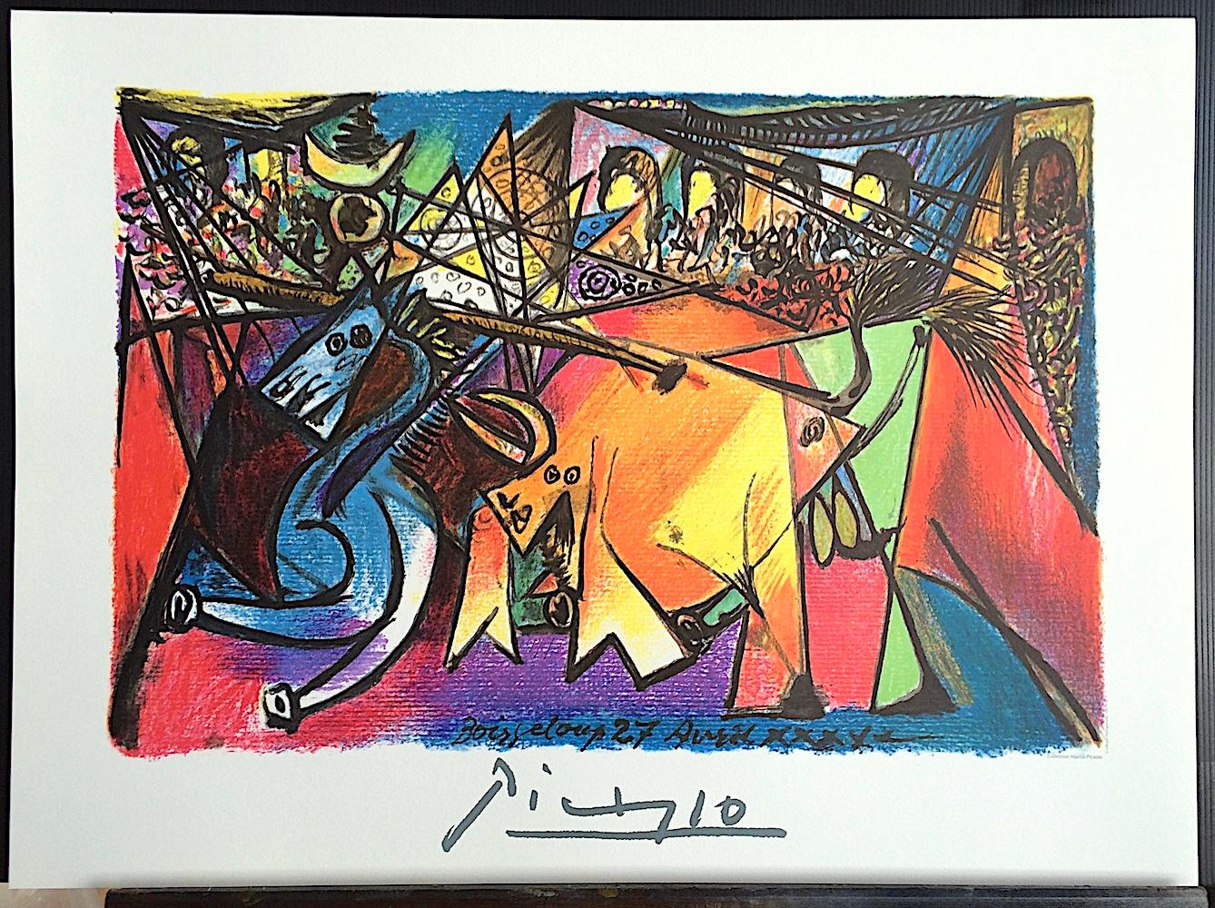 Lithographie COURSE DE TAUREAUX, dessin abstrait d'une scène de chasse à la taureau, couleurs arc-en-ciel  - Beige Animal Print par (after) Pablo Picasso