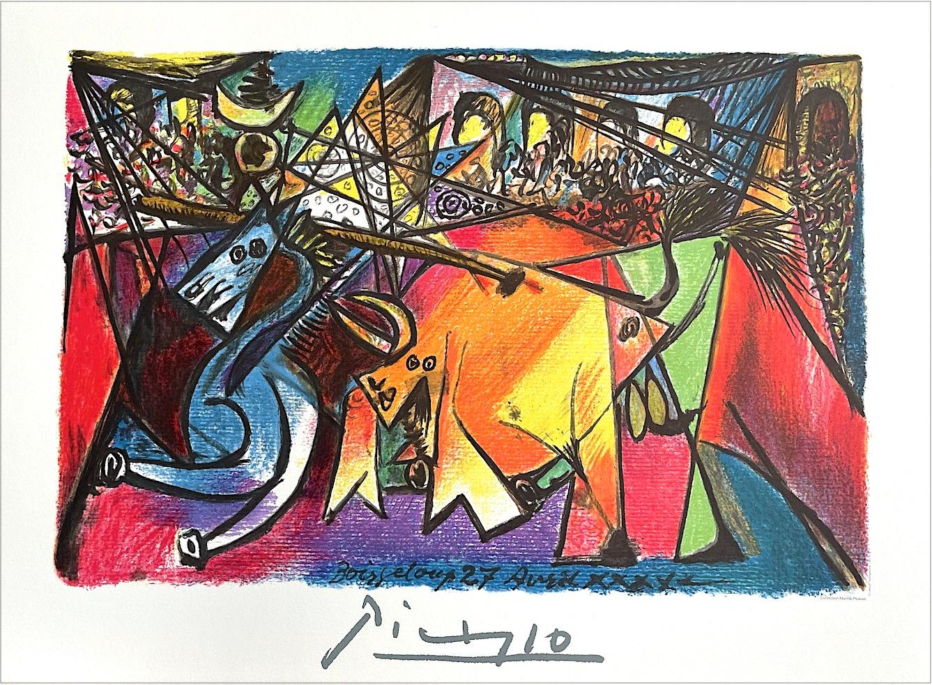 Lithographie COURSE DE TAUREAUX, dessin abstrait d'une scène de chasse à la taureau, couleurs arc-en-ciel 