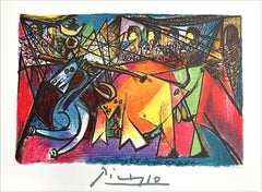 Retro COURSE DE TAUREAUX Lithograph, Abstract Drawing Bullfight Scene, Rainbow Colors 