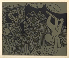 "Dancing Satyrs and Flute Player" linocut