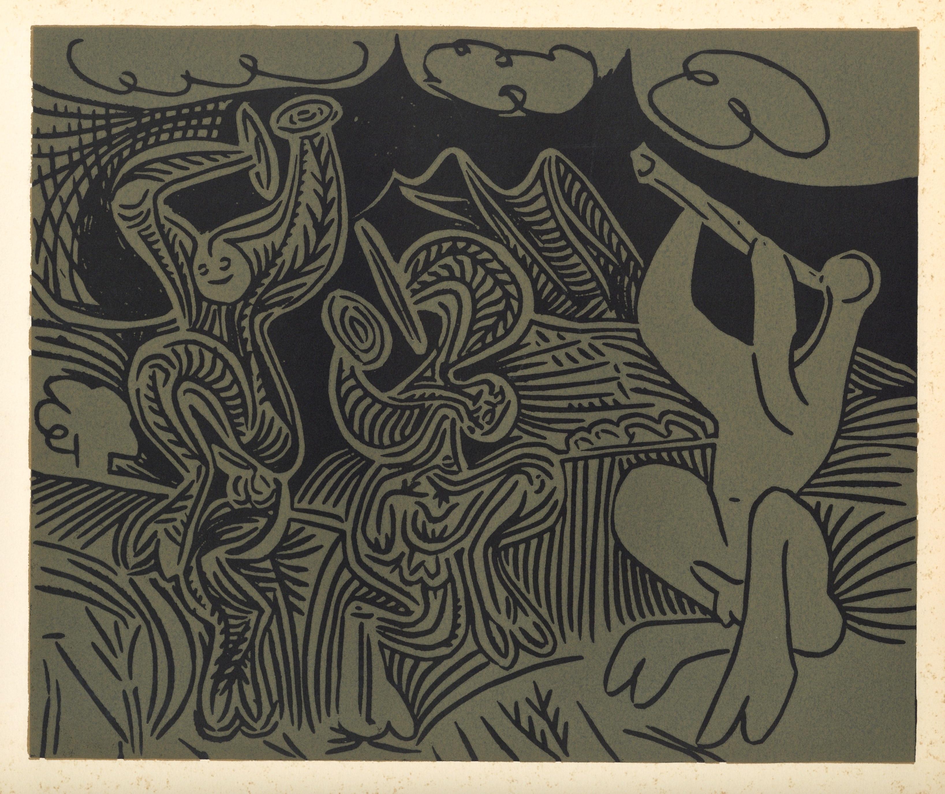 "Dancing Satyrs and Flute Player" linocut - Print by (after) Pablo Picasso