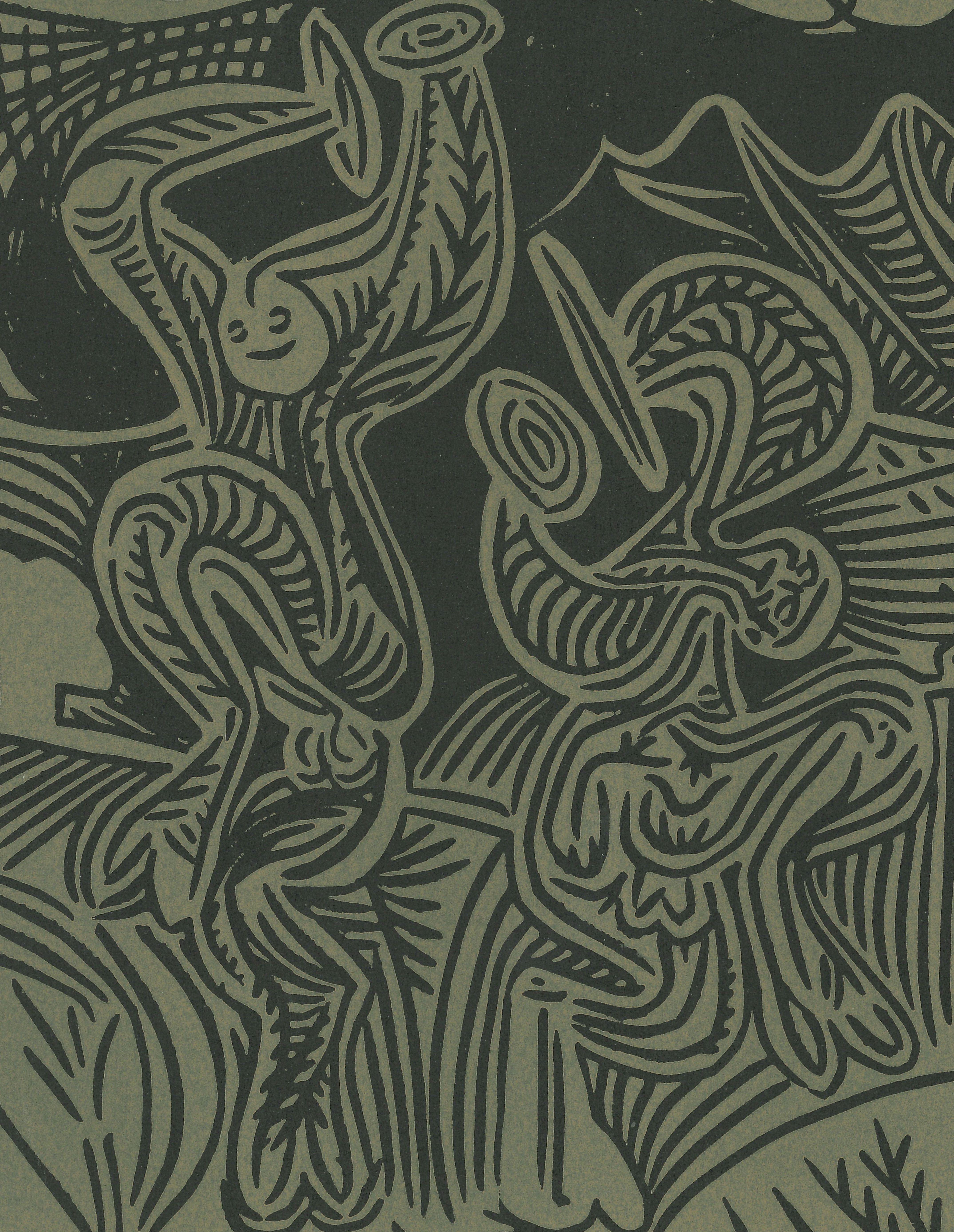 Die Musiker und Notenspielerin  - Linocut-Reproduktion nach Pablo Picasso - 1962 (Kubismus), Print, von (after) Pablo Picasso