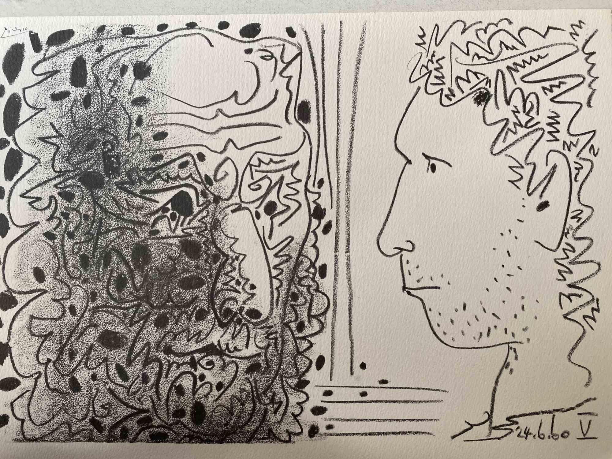 (after) Pablo Picasso Figurative Print - Deux têtes - Photolithograph after Pablo Picasso - 1960s