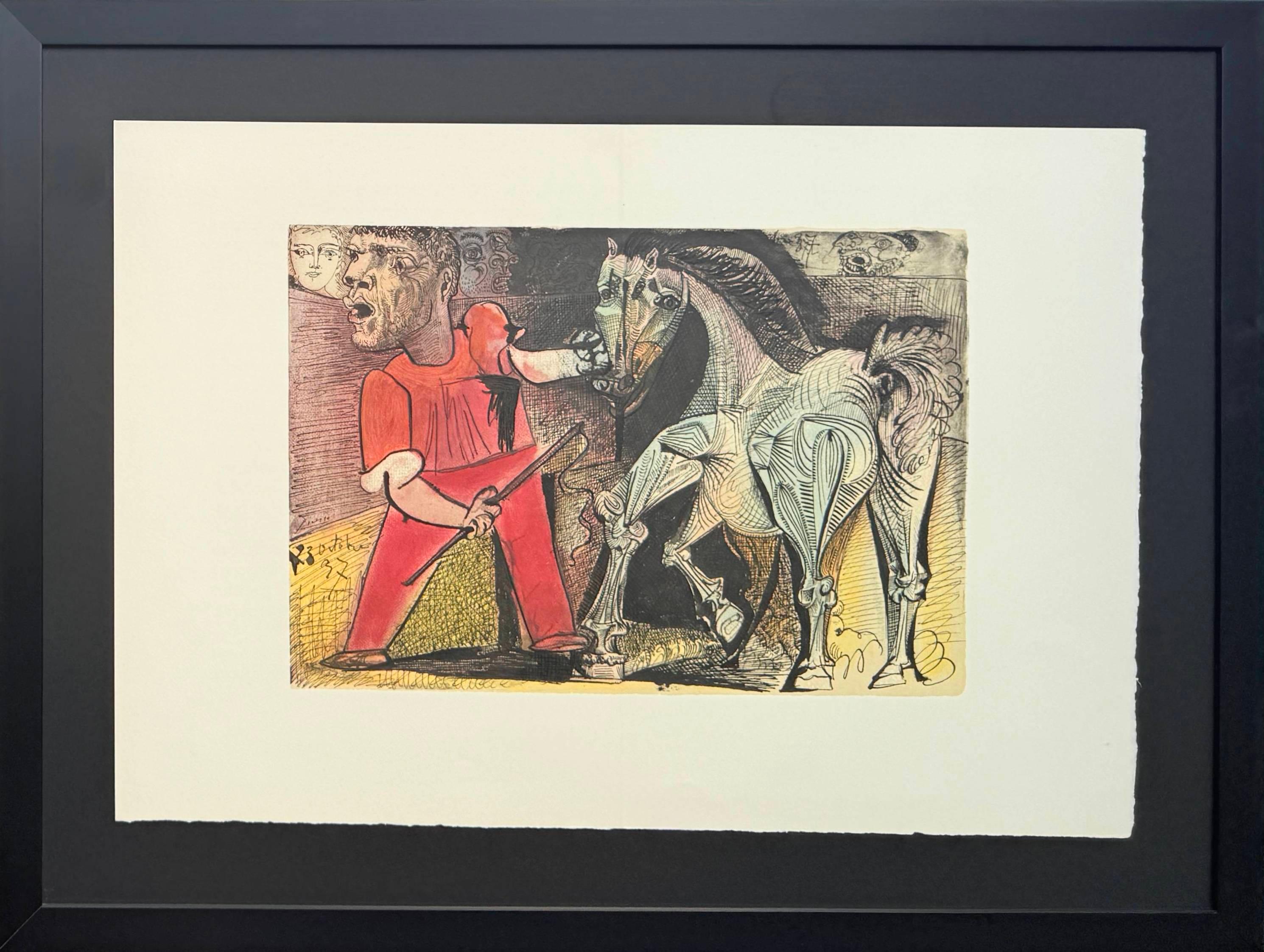 Print de (after) Pablo Picasso - «El domador y su caballo», litografía, moderna, 1957, enmarcada, en excelente estado
