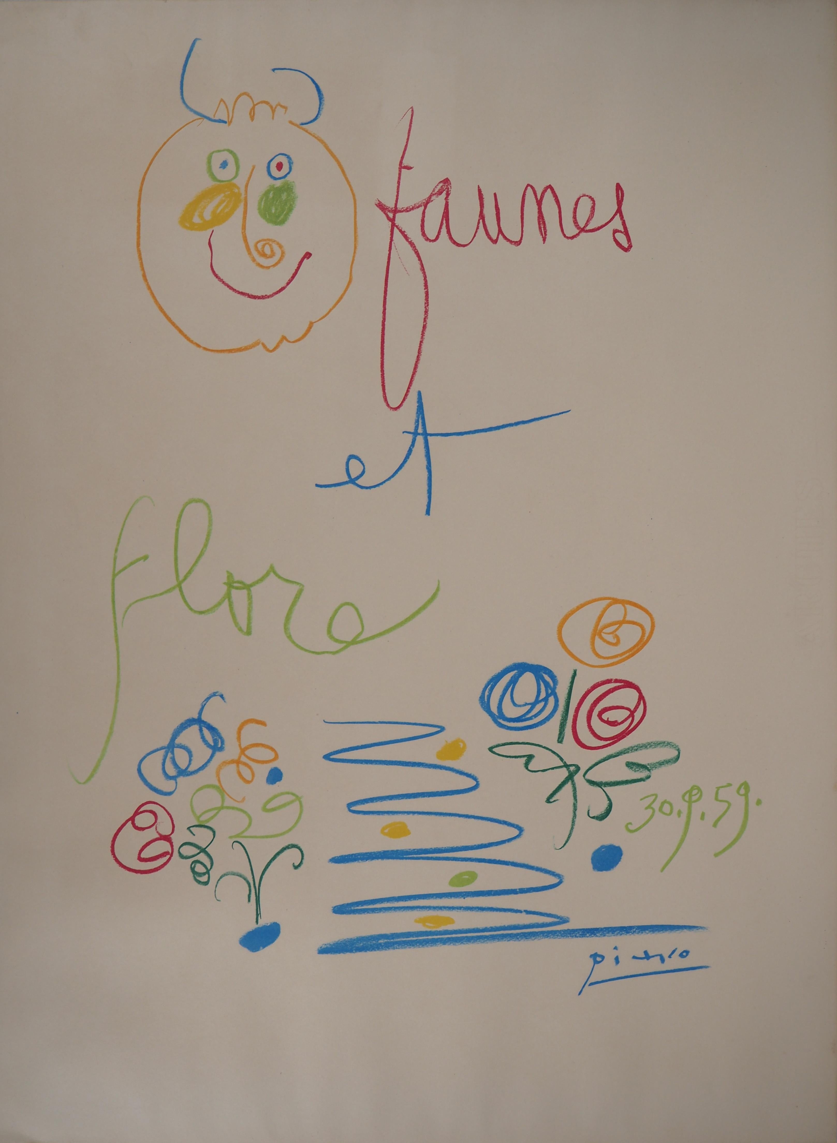 (after) Pablo Picasso Figurative Print - Faun and Flowers - Lithograph on Arches vellum - Mourlot 1960