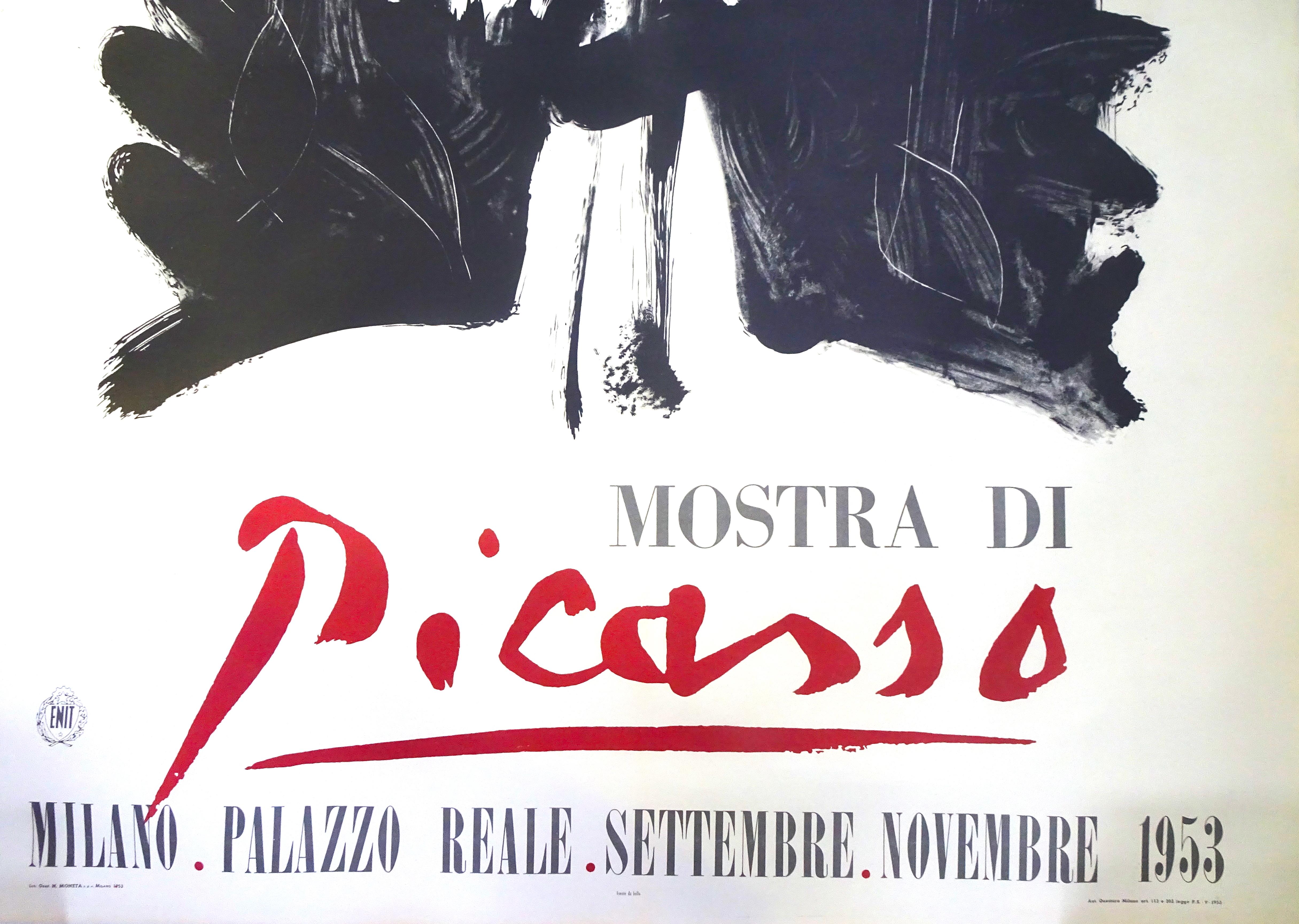 Erstaunlicher, riesiger Offsetdruck aus der Picasso-Ausstellung im Real Palace in Mailand von 1953.

Auflage von 1000 Exemplaren.

Katalog: Christophe Chwiklitzer, Picasso, Plakate, Nr. 75, S. 314. 

Gute Bedingungen. Der Papierbogen des Plakats ist