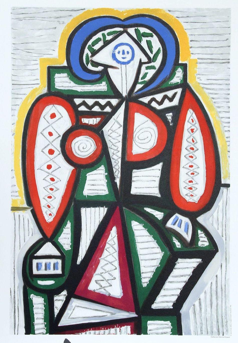 Lithographie FEMME ASSISE, Figure géométrique abstraite de femme assise, rouge, jaune et bleu - Print de (after) Pablo Picasso