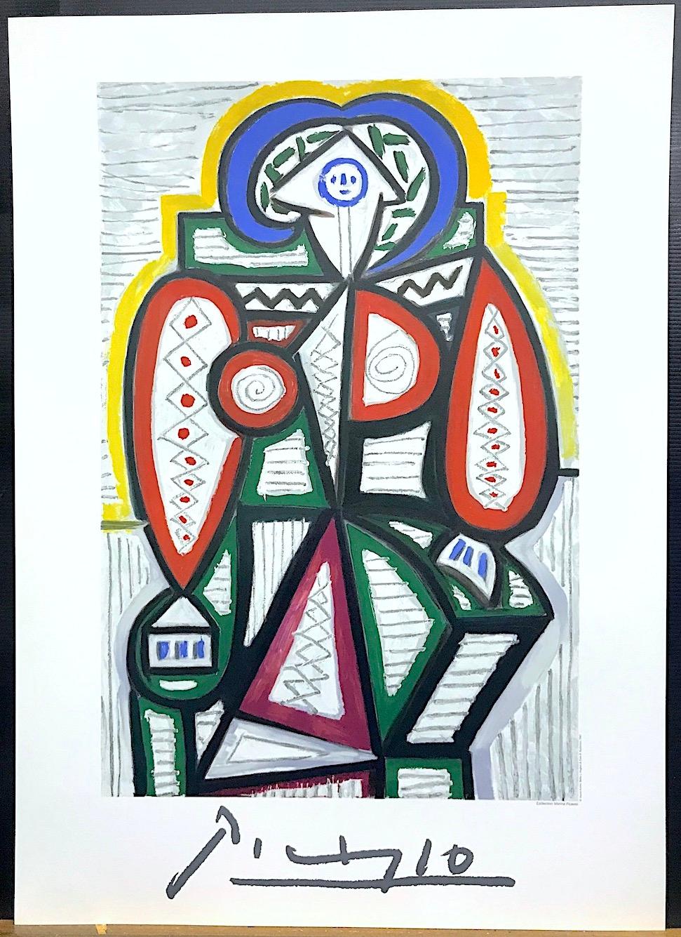 Lithographie FEMME ASSISE, Figure géométrique abstraite de femme assise, rouge, jaune et bleu - Gris Portrait Print par (after) Pablo Picasso