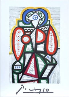 FEMME ASSISE Lithograph, Colorful Abstract Seated Woman, Blue Smiley Face