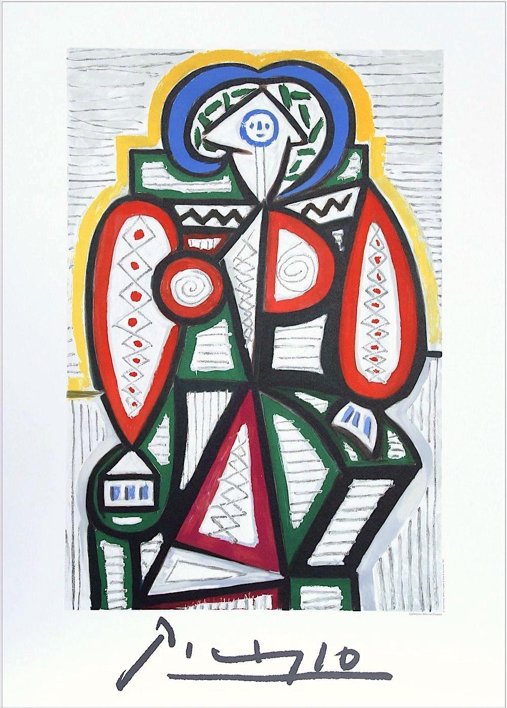 FEMME ASSISE Lithographie, sitzende Frau, abstrakte geometrische Figur, Rot, Gelb, Blau