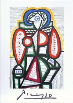 FEMME ASSISE Lithograph, Abstract Seated Woman, Yellow Red Blue Green Gray