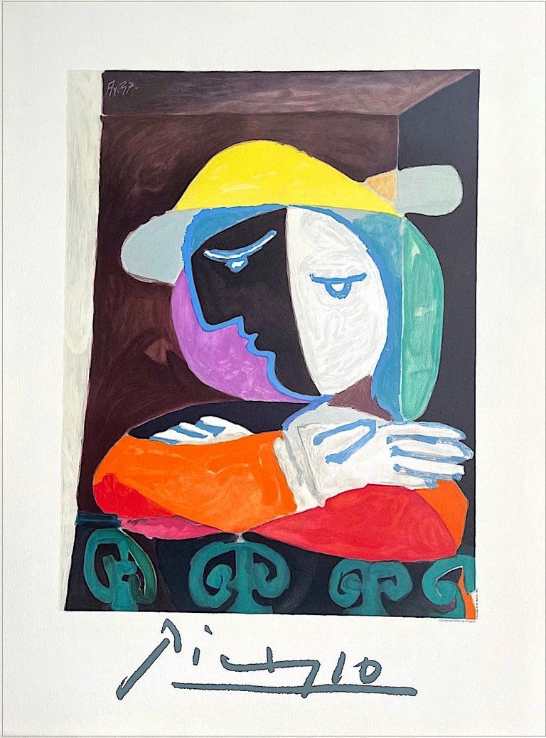 (after) Pablo Picasso Portrait Print - FEMME AU BALCON Lithograph, Woman on Balcony, Scroll Design Railing