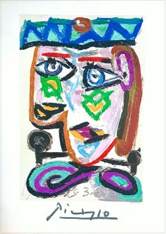 Antique Femme au Beret, Lithograph, Abstract Head Portrait, Rainbow Color Face