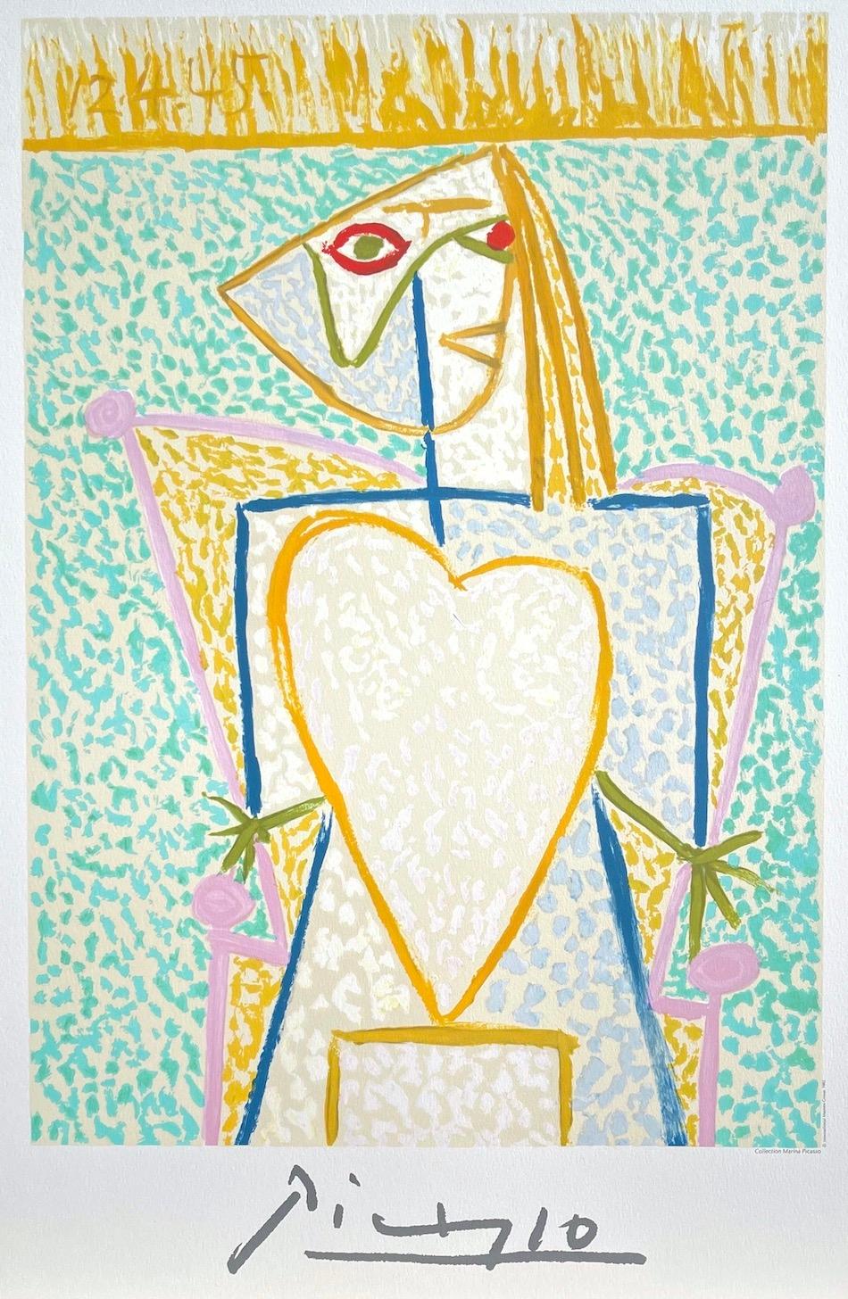 FEMME AU BUSTE EN COEUR Lithographie, farbenfrohe Stick-Figur einer Frau mit gelbem Herz  – Print von (after) Pablo Picasso