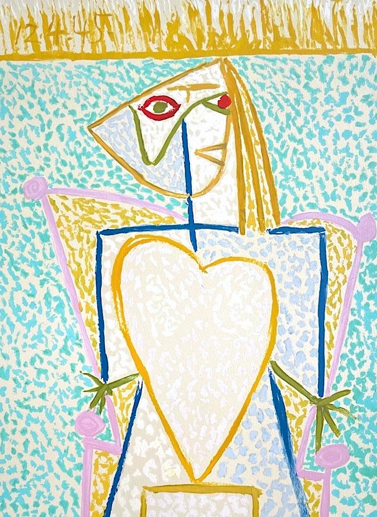 FEMME AU BUSTE EN COEUR Lithographie, farbenfrohe Stick-Figur einer Frau mit gelbem Herz  (Abstrakt), Print, von (after) Pablo Picasso