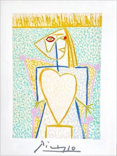 FEMME AU BUSTE EN COEUR Lithograph, Colorful Stick Figure Woman w Yellow Heart 