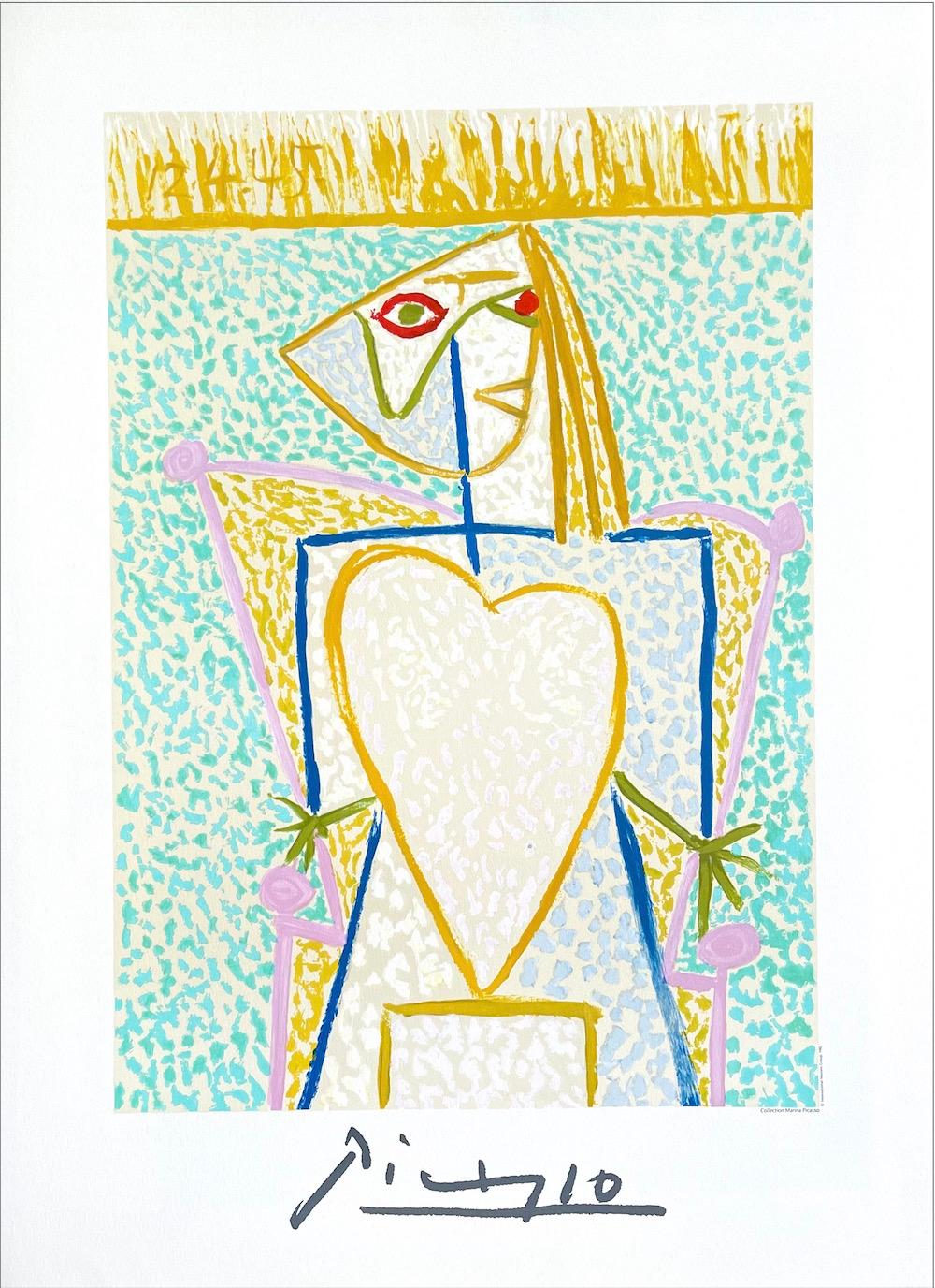 (after) Pablo Picasso Portrait Print - FEMME AU BUSTE EN COEUR Lithograph, Colorful Stick Figure Woman w Yellow Heart 