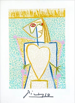 FEMME AU BUSTE EN COEUR Lithograph, Colorful Stick Figure Woman w Yellow Heart 